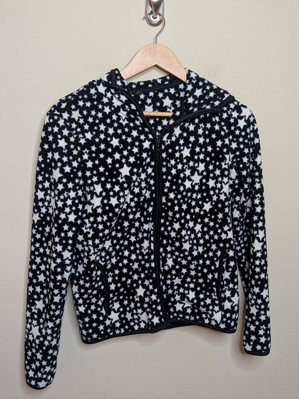 Uniqlo Women's Star Print Fleece Full Zip Hoodie Jacket Black White Pockets M